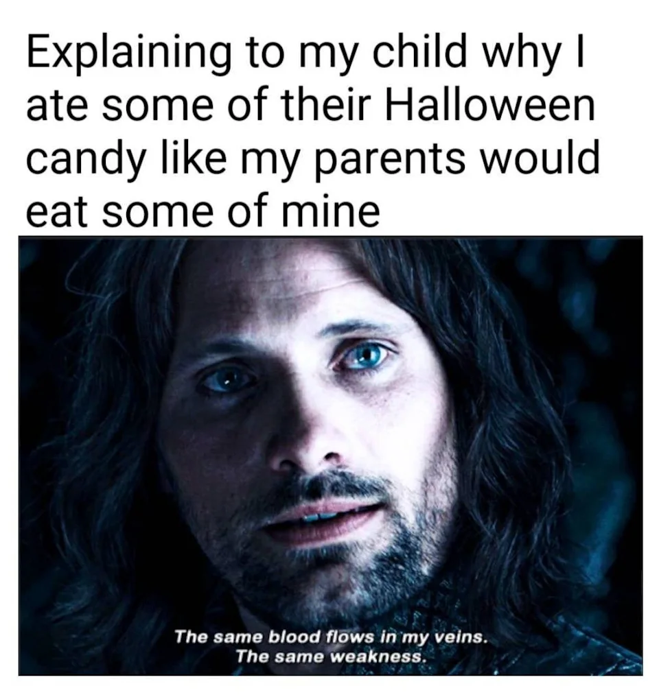 A man looks serious. Text above: "Explaining to my child why I ate some of their Halloween candy like my parents would eat some of mine."