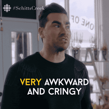 Person from a TV show looks awkward, with the text "Very awkward and cringy" overlaid
