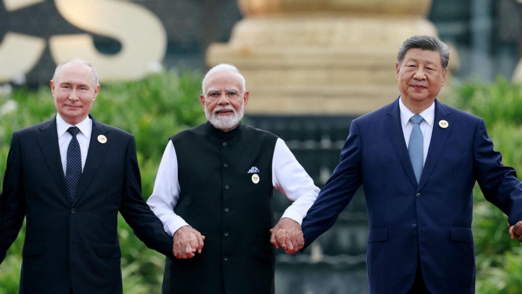 Russia's President Vladimir Putin, India's Prime Minister Narendra Modi and China's President Xi Jinping pose for a family photo during the BRICS summit in New Delhi, India, September 12, 2026
