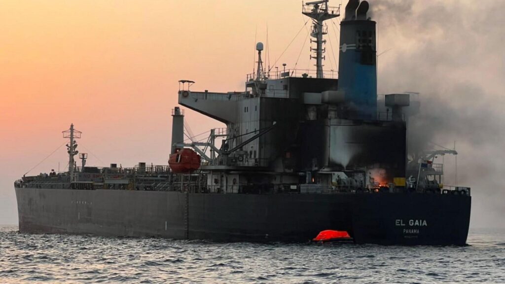 Handout photo from Oman's Maritime Security Centre showing a fire on board the Panama-flagged oil tanker El Gaia, in the Strait of Hormuz, off the coast of Oman