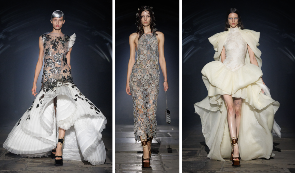 Models on the runway for McQueen’s London Fashion Week show at Lincoln's Inn Chapel