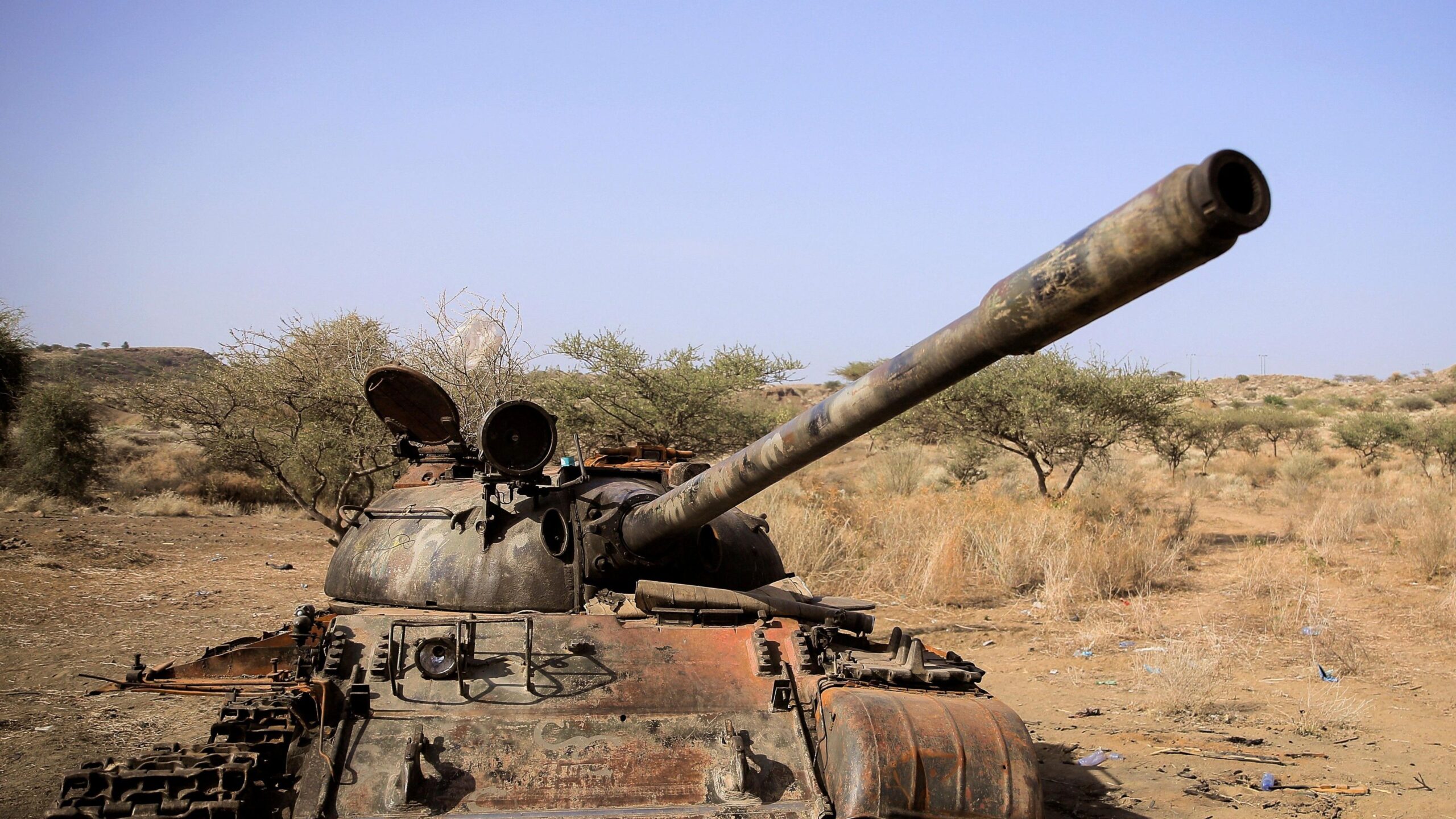 A destroyed tank in a field