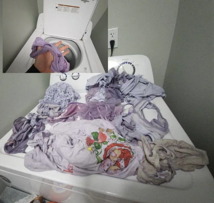Laundry tangled in knots on a washing machine, with an inset showing knotted laundry being removed from the washer