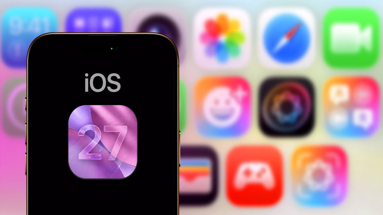 iOS 27 logo on an iPhone with various app icons blurred in the background.