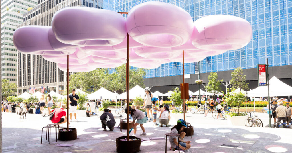 Pink inflatable canopy soft shade new york streetscape elsa ponce bower designboom 1200 1