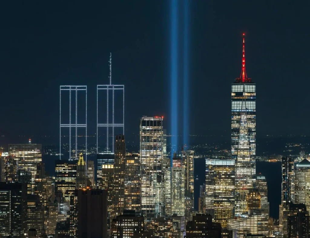 Twin towers drone outline tribute lights