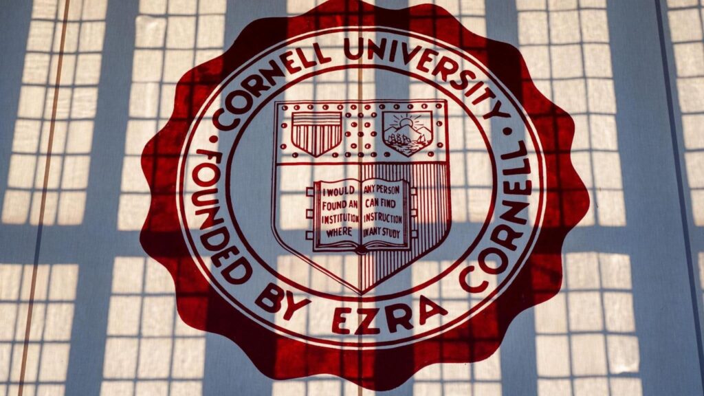 A Cornell University banner hangs in Willard Straight Hall during a campus Town Hall about the University’s handling of an alleged sexual assault case at Chi Phi fraternity, in Ithaca, New York, US, October 6, 2026.
