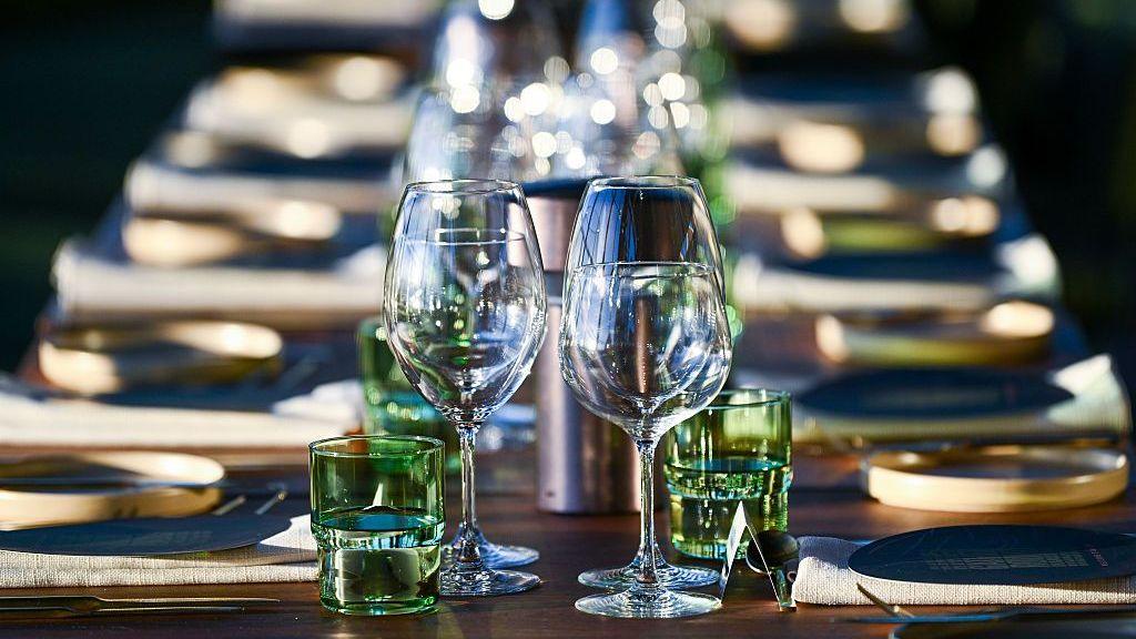 Close up of water and wine glasses on a table