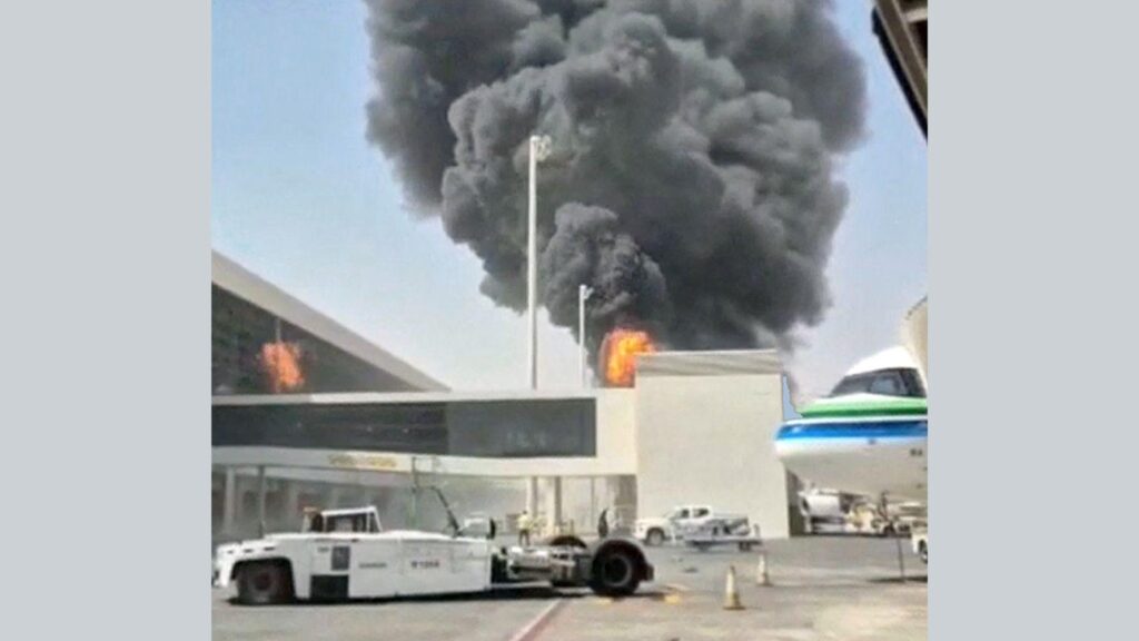 smoke and flames seen at King Khalid airport in Riyadh, 8 Oct