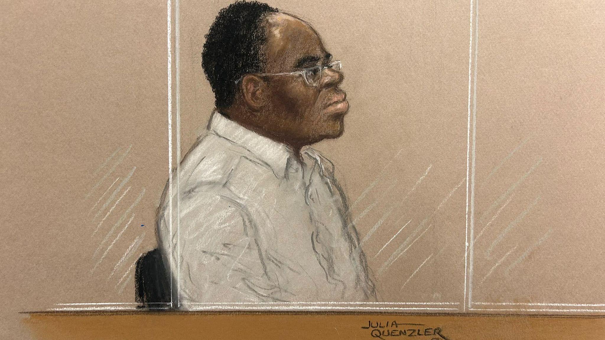 A court sketch of Dr Vincent Brown as he faces to the side