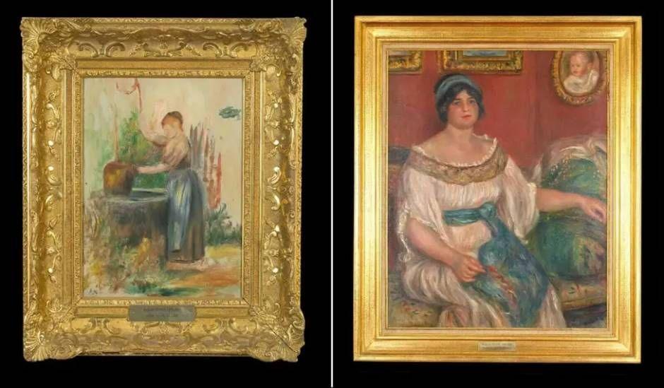 A composite image of Jeune fille au puits and Portrait of Madame Colonna Romano which are in gold frames.