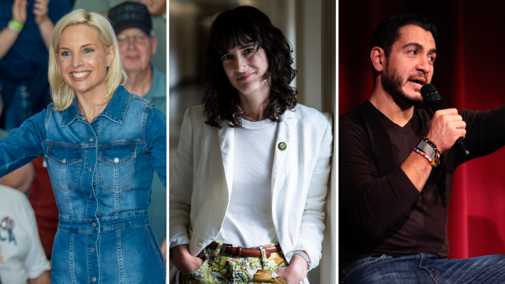 Composite image of Ashley Hinson, Marie Gluesenkamp Perez and Abdul El-Sayed. Hinson (left) wears a dark denim dress, Gluesenkamp Perez (centre) wears a light blazer over a light top, and El-Sayed (right) wears a dark V-neck jumper and holds a microphone.