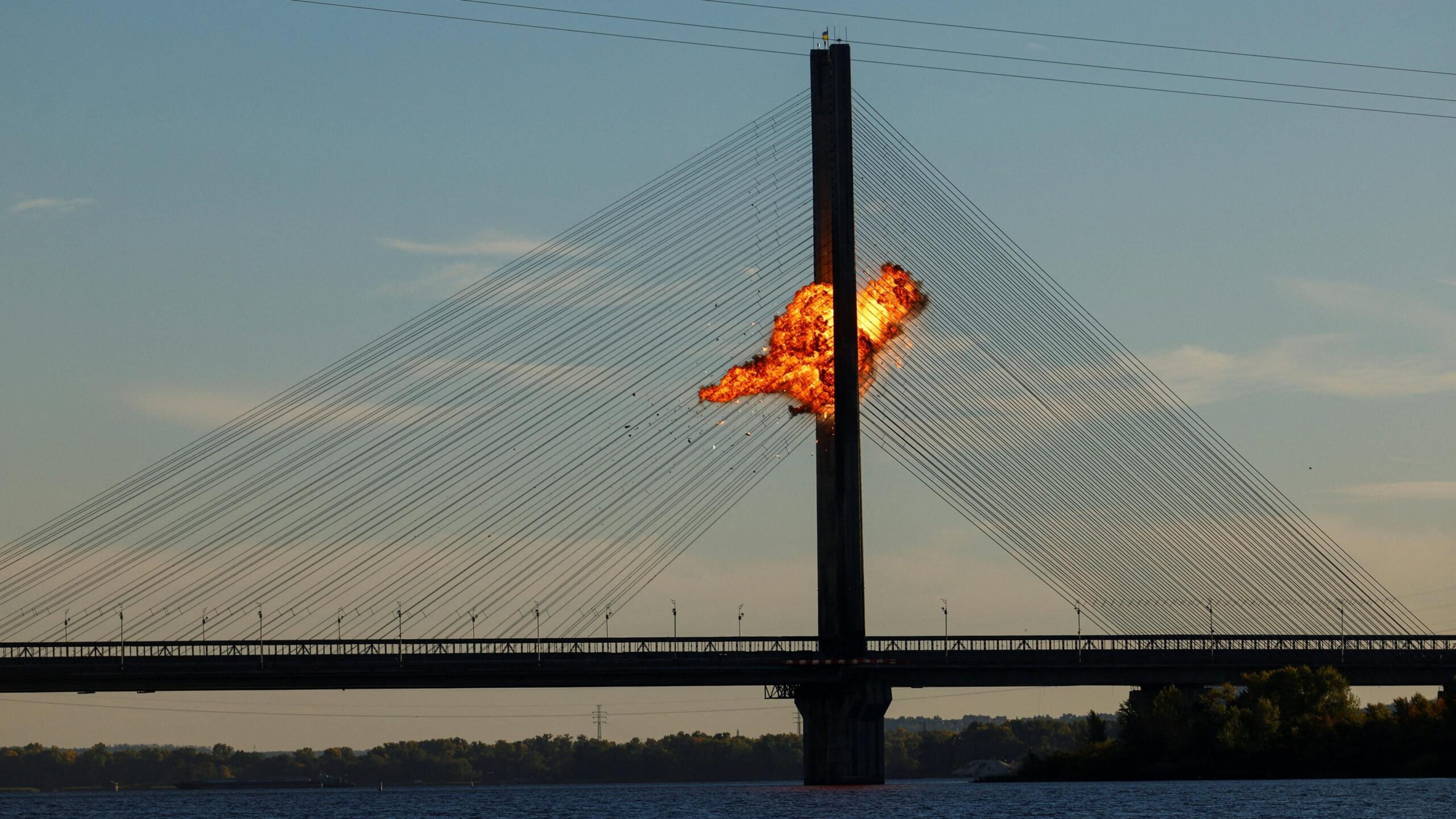 A Russian drone explodes after hitting cables of Kyiv's Pivdennyi bridge. Photo: 2 October 2026