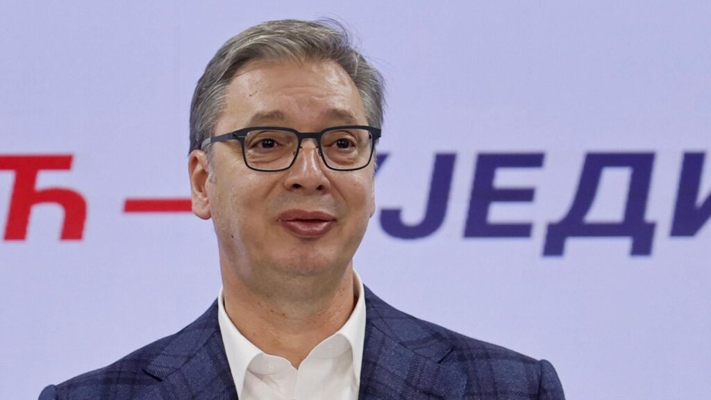 Aleksandar Vučić makes a speech in Belgrade, conceding defeat in snap parliamentary elections. Photo: 27 October 2026