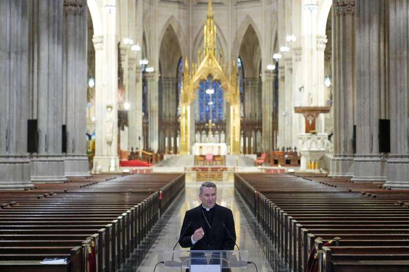 Archbishop-designate Ronald Hicks talks to reporters during a news conference at St. Patrick's Cathedral in New York, Feb. 5, 2026. (AP Photo/Seth Wenig)