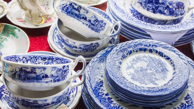 Blue and white patterned china dishware