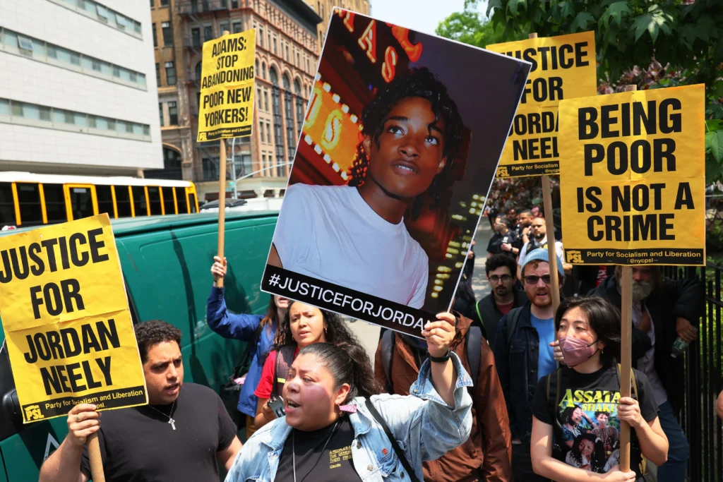 Jordan Neely was shouting threats on the NYC subway. Fellow passenger Daniel Penny put Neely into a chokehold and killed him. Journalist Anand Giridharadas believes both men felt abandoned. Above, protestors rally in support of Neely in New York City on May 24, 2023.